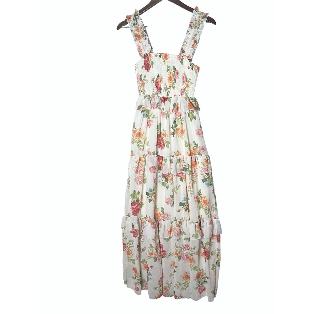 Anthropologie Lovecolette Floral Smocked Tiered Maxi Dress White Ruffle Strap S